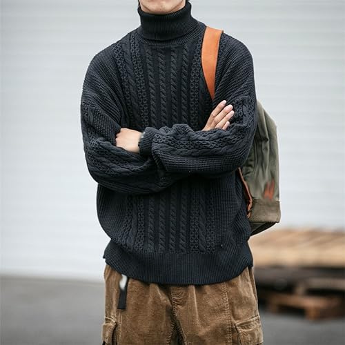 Vintage Autumn/Winter Loose Thick Knit Couple Turtleneck Hipster Men Heavy Knit Reverse Stitch Japanese3
