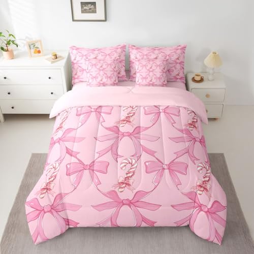 Image of Kawaii Full Size Bed Sheets and Comforter Set | Pink Bow 7-Piece Bedding Set Santa Sticks Candy Canes Bed in a Bag, Dreamy Ribbon Princess Bowknot Bed Sets,Cute Aesthetic Room Decor