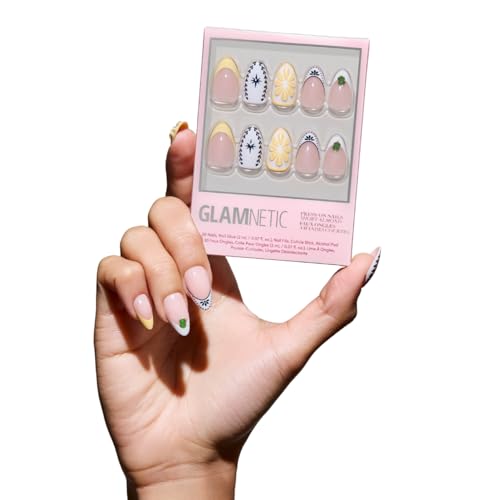 Glamnetic Press On Nails - Short Almond Fake Nails in Bright Orange with Olives, Lemons & Ceramic...
