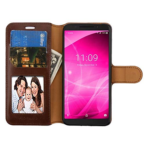 ANGIEHAIE REVVL 2 (5.5") Wallet Case with Tempered Glass Screen Protector, JoJoGold Bicast PU Leather Flip Cover Folio Wallet Case with Magnetic Flap and Kickstand - Brown