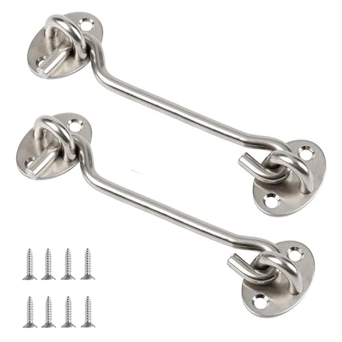 Zydiwo Pack of 2 Storm Hooks with Eyelet, Stainless Steel Barn Door Lock Hook with Screws for Barn Door, Window, Gate, Cabin (Silver, 6 Inches)
