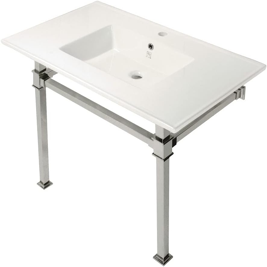Kingston Brass KVPB37221Q6 Monarch 37-Inch Console Sink with Stainless Steel Legs (Single Faucet Hole), White/Polished Nickel