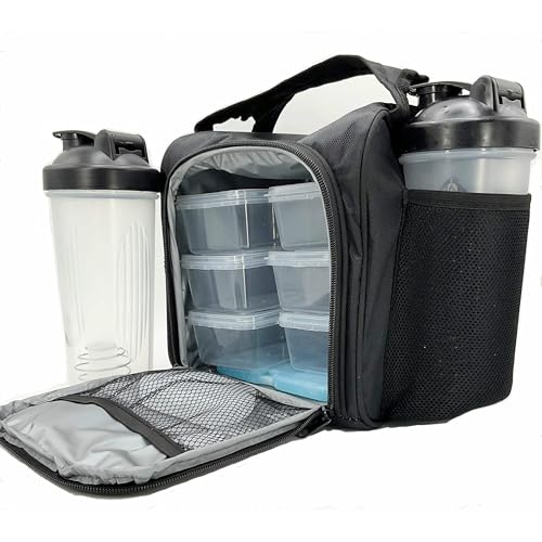 NUTRIFIT Meal Prep Bag for the Active Live Style with 6 food Containers, Shakers, and Vitamin Carrier Black