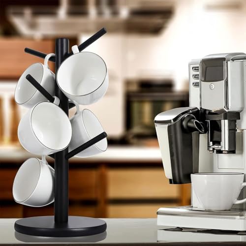 CECOMBINE Coffee Mug Holder With 6 Hooks - Black Bamboo Cup Tree With Thickened Base - Counter Storage Rack - Image 5