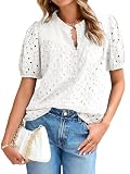 Glamaker Womens Summer Tops Blouse 2026 Casual Short Sleeve V Neck Buttons Hollow Out Lace Embroidered Babydoll Blouses Shirts (White L)