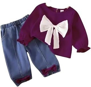 M LASKAR GARMENTS Stylish Kids Wear Top &amp; Denim Jeans Set Long Sleeve Bow Design Crepe Fabric with Dyed Washed Denim Pants...