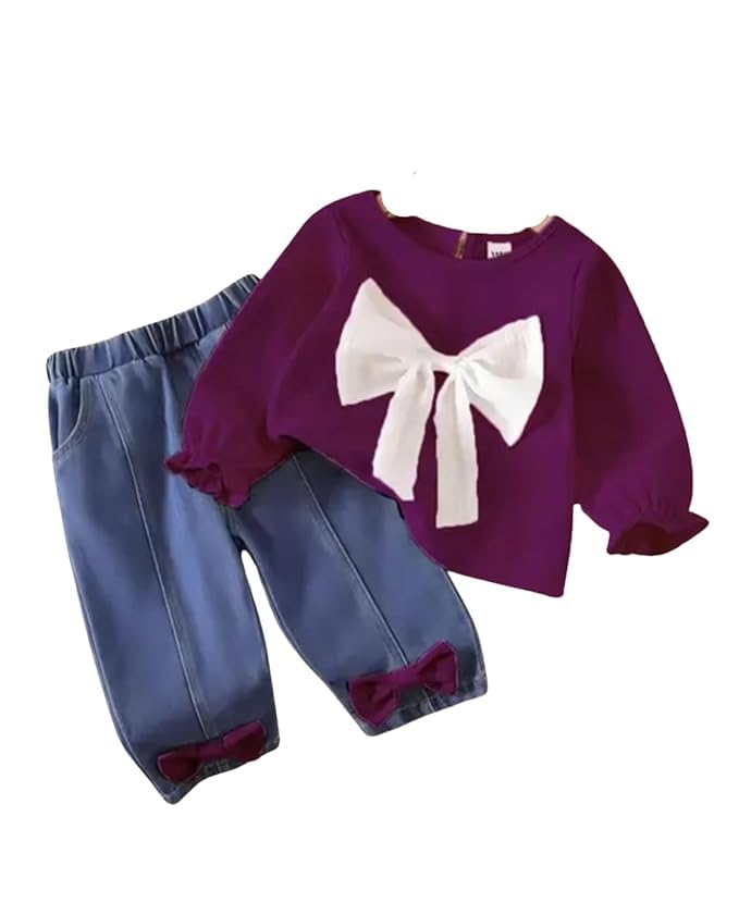 M LASKAR GARMENTS Stylish Kids Wear Top & Denim Jeans Set Long Sleeve Bow Design Crepe Fabric with Dyed Washed Denim Pants... - Review, Price and Buying Guide