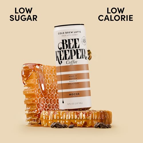 Image of Beekeeper Mocha Latte Cold Brew Coffee Drinks with Oregon Honey | 12 Pack Refreshing Iced Coffee - Unsweetened & Strong Arabica Brew, 8 fl oz Ready-to-Drink Can - 180mg Natural Caffeine