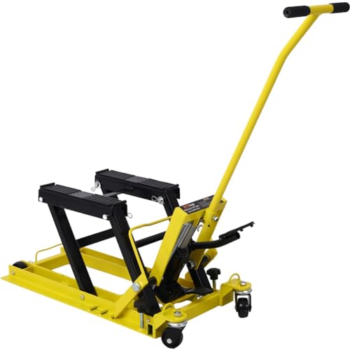 Image of Hydraulic Motorcycle Lift Jack, 1500 LBS Capacity Foot-Operated Motorcycle Lift Table, ATV Scissor Lift Jack with 4.5 inch - 15 inch Lifting Range, Portable Motorcycle Lift Table with Wheels Yellow