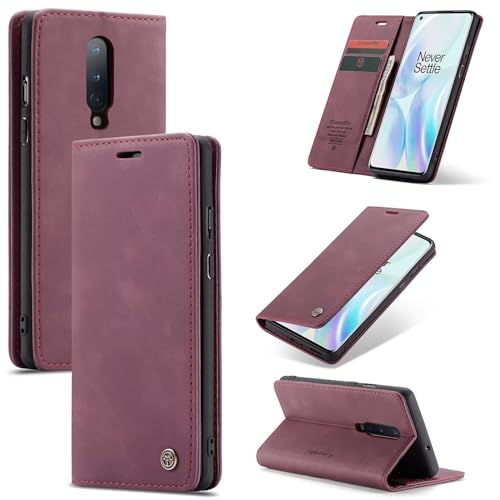 SLWYF Handyhülle für OnePlus 8 Hülle Premium Lederhülle Klappbar Flip Hülle Tasche Magnet Kartenfach Standfunktion Klapphülle Schutzhülle für OnePlus 8, Rot