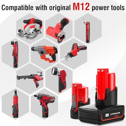 2 Packs 6.5Ah and 3.5Ah Replacement Battery for Milwaukee M12 Battery 12V Lithium-ion Batteries Compatible with Milwaukee XC 48-11-2440 48-11-2402 48-11-2460 Cordless Power Tools