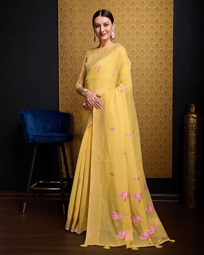 Image of SWORNOF Womens Linen Silk Saree | Saree for Women With Unstitched Blouse | Saree with Blouse Piece | Soft and Skin Friendly
