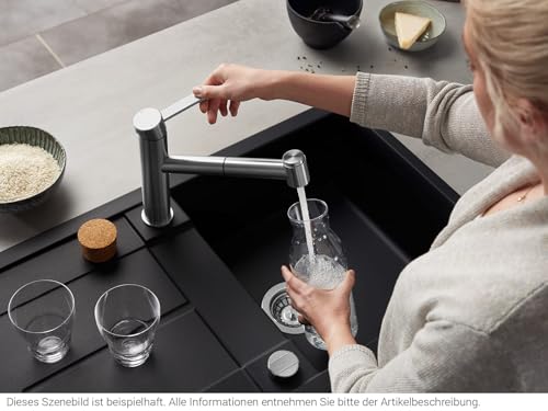 BLANCO AMBIS-S | Küchenarmatur aus massiv Edelstahl | Niederdruck | Mit herausziehbarem Schlauch | Wechsel von Klar- in Brausestrahl | Keramik Kartusche | Gesicherte Wasserqualität & wassersparend