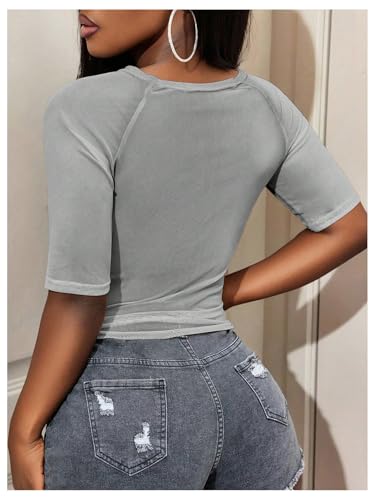 Image of RoseSeek Women's Sheer Mesh Letter Graphic Tees Short Sleeve Crew Neck Y2K Vintage Summer Going Out Crop Tops