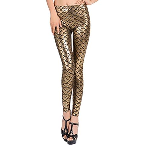 FLAVES FASHION New Metallic Mermaid Fish Scale Printed Leggings Stretch Tight Pants (Small/Medium UK: 8-10, EU: 34-36, US: 4-6, Gold) Cover