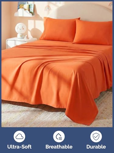 Image of Kids Queen Size Bed Sheet Set - 4 Piece Kids Loft Bed Sheets - Solid Orange Themed Bedding - Soft, Cute and Cozy - Breathable & Machine Washable - Bedding for Boys, Girls, Teens & Toddlers - Oeko-Tex