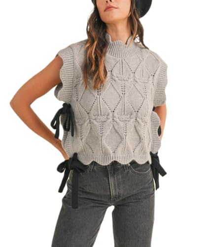 Image of Women Side Tie Sweater Vest Scallop Trim Mock Neck Knit Vest Bow Lace Up Ribbon Sweater Tank Top Knitwear