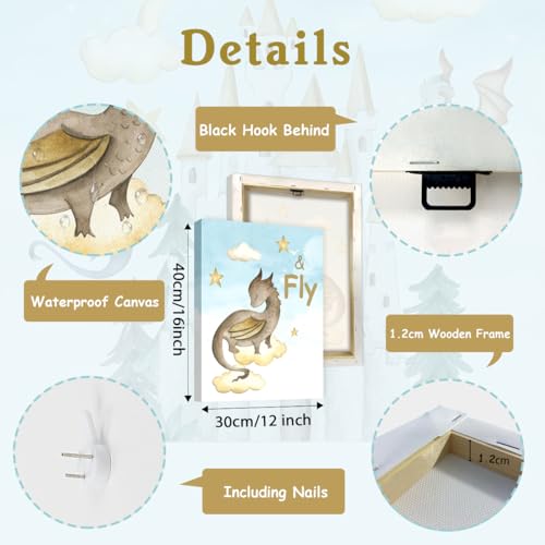Image of CHDITB Little Dragon Wall Art, Spread Your Wings Framed Canvas Wall Art Set, Fantasy Dragon Decor, Magical Castle Painting, Inspiring Quote Art Prints For Kids Room Nursery Decor(12X16 Inch)