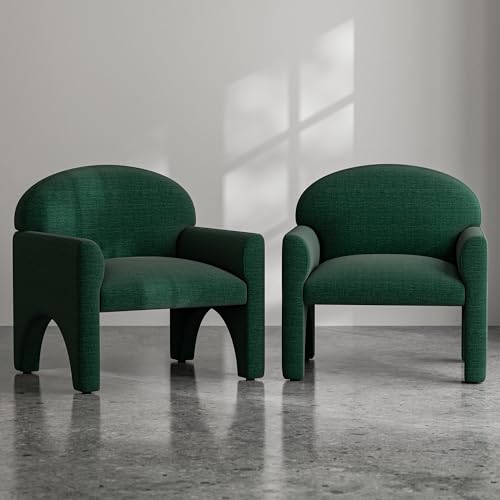 Image of BELLEZE Modern Accent Chair Set of 2, Comfortable Upholstered Arched Design Armchair with Rubber Wood Legs for Living Room Bedroom Office - Green