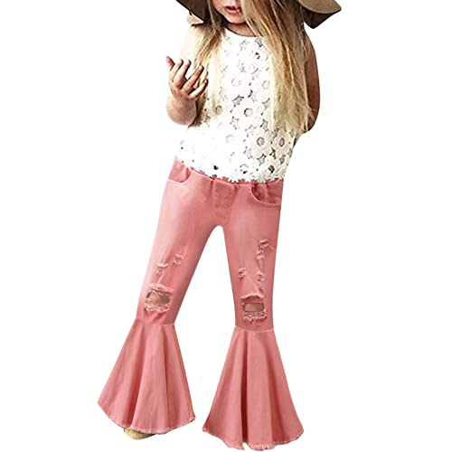 Baby Girls Flare Leg Jeans Pants Kids Bottom Denim Ruffles Pants Jeans Ripped Trousers Girls Vintage Denim Jeans