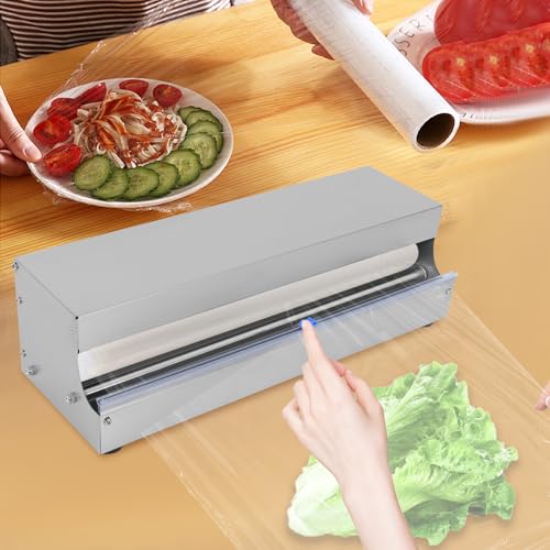 Manual Food Wrap Film Dispenser with Sliding Blade, Large Stretch Film Wrapp Machine fits 10\'\' - 18\'\' Rolls, Film Packing Holder for Commercial Kitchens & Supermarkets, Stainless Steel