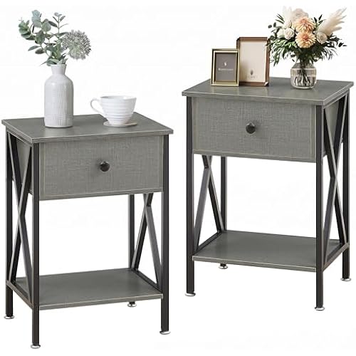 VECELO Nightstands Set of 2, Modern Bedside End Tables, Night Stands with Drawer and Storage Shelf for Living Room Bedroom, Industrial Metal Frame