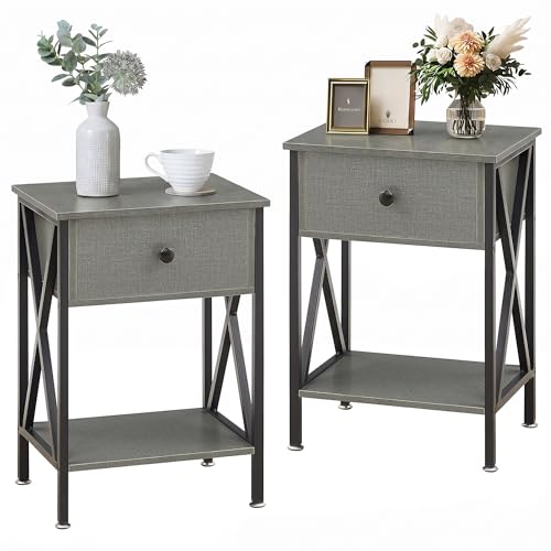 VECELO Nightstands Set of 2, Modern Bedside End Tables, Night Stands with Drawer and Storage Shelf for Living Room Bedroom, Industrial Metal Frame by VECELO - Used condition - US$47.56