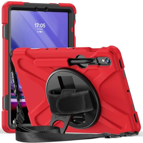 Coque Samsung Galaxy Tab S9 FE antichoc rouge avec support et dragonne
