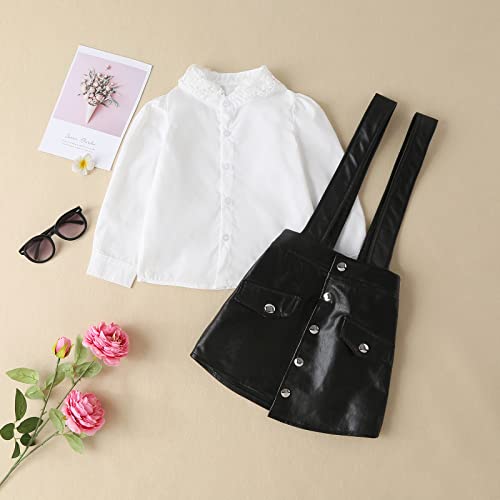 Wasaigood Toddler Girls Pu Skirt Set Long Sleeve Lace Shirt Suspender Dress Baby Girl Mini Leather Skirts Outfits Set (Black,1-2 Years) #TOP1