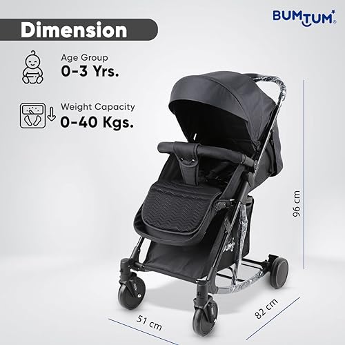 Image of BUMTUM Baby Stroller /Pram for 6 to 36 Months, Adjustable backrest, 360 Swivel Wheel, Large Storage Basket, Reversible Handlebar for New Born, Toddler & Kids(Black)