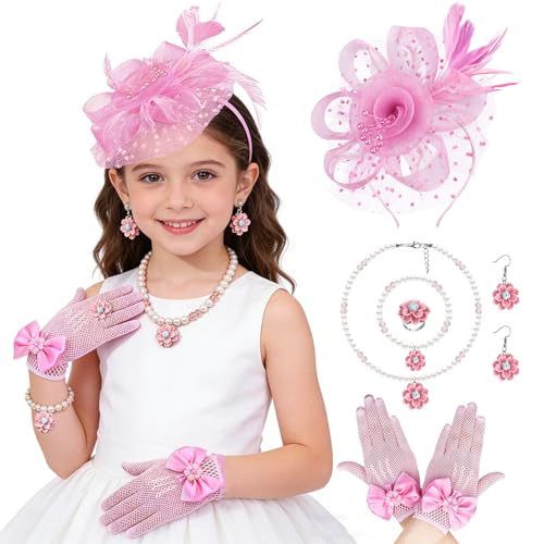 6 Pcs Tea Party Hats for Girls Accessories Set - Pink Mesh Fascinator Headband Lace Gloves Faux Pearl Necklace Bracelet Earrings & Ring for Birthday Easter Garden 1920s Party Dress Up