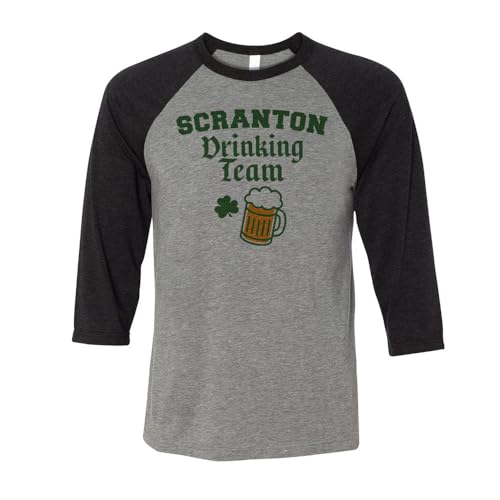 TeesAndTankYou Scranton Drinking Team St. Patrick's Day Three-Quarter Raglan Sleeve Baseball Shirt Unisex Medium Grey/Black