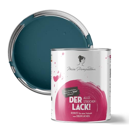 MissPompadour seidenmatte Holzfarbe Innen & Außen 1L Dunkelblau mit Grün, Möbelfarbe ohne Schleifen - Farbe für Holz, Metall, Kunststoff - Holzlack, Möbellack schnelltrocknend mit hoher Deckkraft