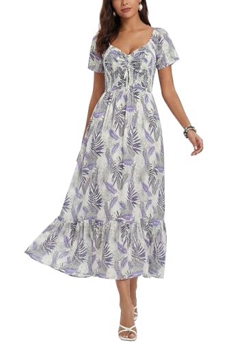 Image of Summer Smocked Boho Maxi Dress for Women 2026 Short Sleeve Floral Smocked Flowy Ruffled Beach Vacation Dresses Lightweight