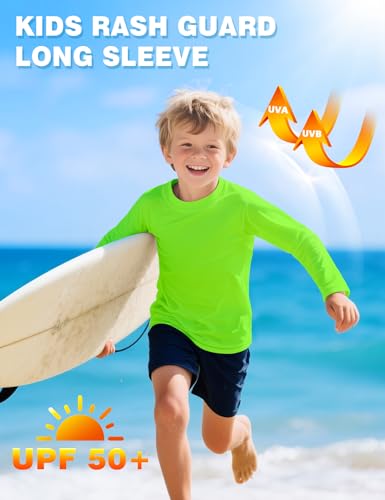 Image of Boys Rash Guard Swim Shirt Long Sleeve Shirts UPF 50+ Sun Shirt Quick Dry Fit Neon Tees Activewear for Kids Girls Youth 2-16Y