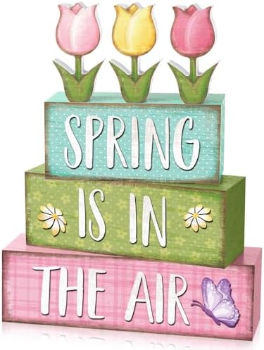 Marsui 4 Pcs Spring Table Decorations Tulip Flower Wooden Block Signs Pastel Tulip Tabletop Centerpieces Farmhouse Distressed Easter Spring Decor for 