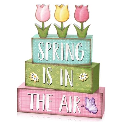 Marsui 4 Pcs Spring Table Decorations Tulip Flower Wooden Block Signs Pastel Tulip Tabletop Centerpieces Farmhouse Distressed Easter Spring Decor for Home Table Kitchen Shelf Tiered Tray Decor