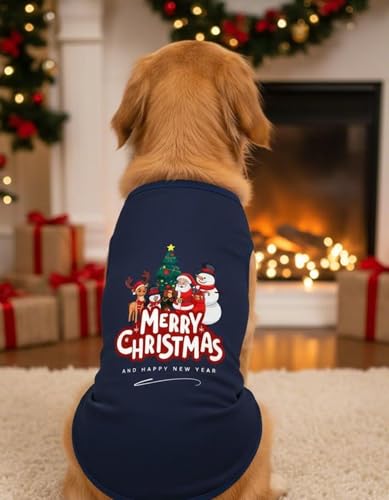 Christmas Dog T Shirt – Merry Christmas Holiday Dog Shirt with Santa, Snowman & Reindeer Print | Soft Stretch Pet Clothing for Small to Large Dogs | Xmas Outfit for Photos & Parties (XXL)