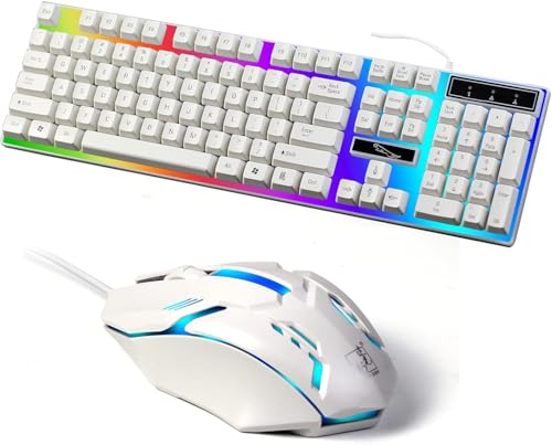 SKY-TOUCH Computer Gaming Keyboard and Mouse Combo :Keyboard with Flexible Polychromatic LED Lights Mechanical Feel Wired USB Working Keyboard Mouse Set for Windows Computer(White)