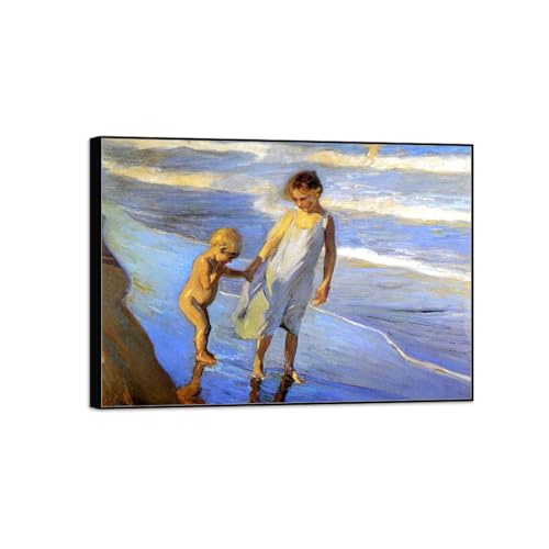 Deux petites filles sur plage par Joaquin Sorolla : tableau poétique avec cadre noir élégant