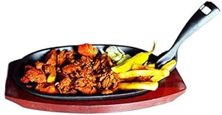 Buckingham Pre-Seasoned Cast Iron Sizzler Serving Dish/Steak Platter with Wooden Stand, Wood, Black, 24 cm x 14 cm