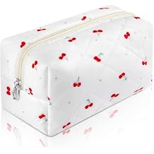 URSKYTOUS Cotton Quilted Makeup Bag Small Coquette Cute Floral Makeup Pouch Aesthetic Cosmetic Bag Zipper School Pencil Pouch Cloth Trendy Travel Makeup Brush Toiletry Bag for Women GirlsCherry