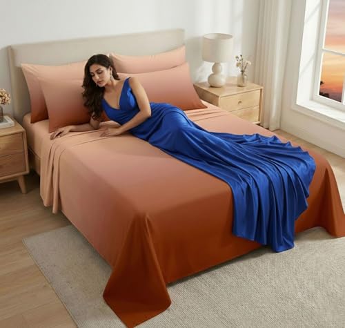 Image of SANMARINO King Size Bedsheet with 2 Pillow Covers, 300 TC UltraSatin Premium Bedding Set, Aesthetic Home Decor, Ideal Gift for Couples, Wedding, Anniversary & Special Occasions - Sunset Rust Ombre