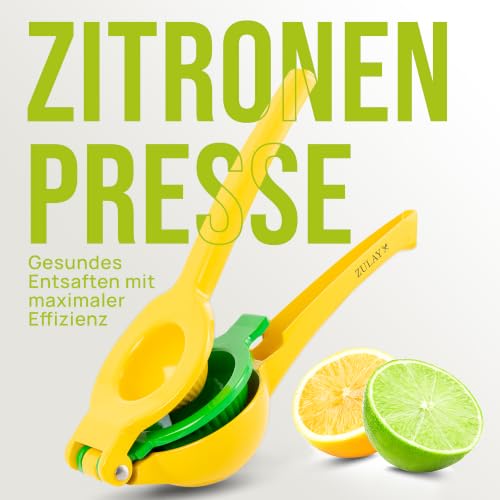 Foto von Zulay Kitchen 2-in-1 Zitronenpresse & Limettenpresse – Manuelle Zitruspresse und Handpresse aus Metall für maximale Saftausbeute, leicht zu reinigen, Gelb