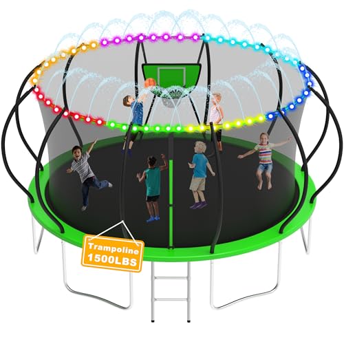1500LBS Tranpoline Outdoor 8 10 12 14 16FT Tranpoline for Kids and Adults,【Easy to Install & Built to Last】 Recreational Tranpolines with Net, Light+Sprinkler, Basketball Hoop, ASTM Approved