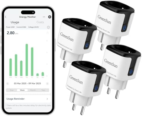 GreenSun Stromzähler für Steckdose Wlan Smart Stromverbrauch Stecker 4PC | Kompatibel mit Smart Life & Tuya App, Alexa & Google Sprachsteuerung, Timer & Zeitschaltuhr, Energieüberw