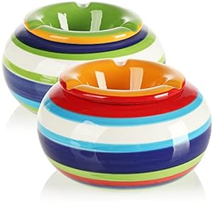com-four® 2x Windaschenbecher aus Dolomit Keramik in blau, gelb, grün, rot mit jeweils bunten Streifen (02 Stück – Ø 14…