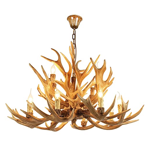 Hubrin Farmhouse Antler Chandelier 12 Light, Double Layer Antler Light Fixtures, 4 Different Antler Composition Deer Antler Chandelier Lighting For Living Room,Bar,(Light Yellow) #TOP13
