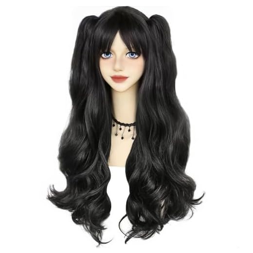 ANOGOL Hair Cap+Black Brown Long Natural Clip on Double Ponytails Cosplay Wig for Women Anime Costume Hair Wigs For Women Girls Men Boys Dress Up Costume Party For Halloween Wig