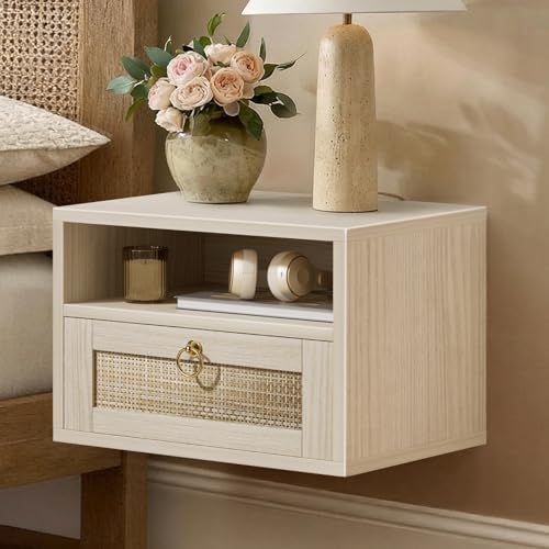 IGERI Floating Nightstand with Drawer for Wall Mounted Hanging Rattan Night Stand Bed Side Tables Wooden End Table Small Boho Dressers Farmhouse Shelves for Bedroom